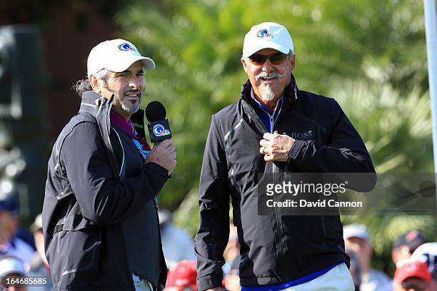 David Feherty of Northern Ireland and Gary McCord of the Golf Channel on the first tee during the final day of the 2013 Tavistock Cup Matches at...