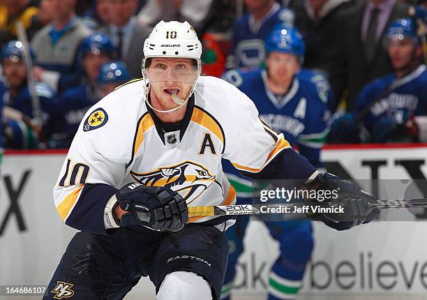 Martin Erat of the Nashville Predators skates up ice during their NHL game against the Vancouver Canucks at Rogers Arena March 14, 2013 in Vancouver,...