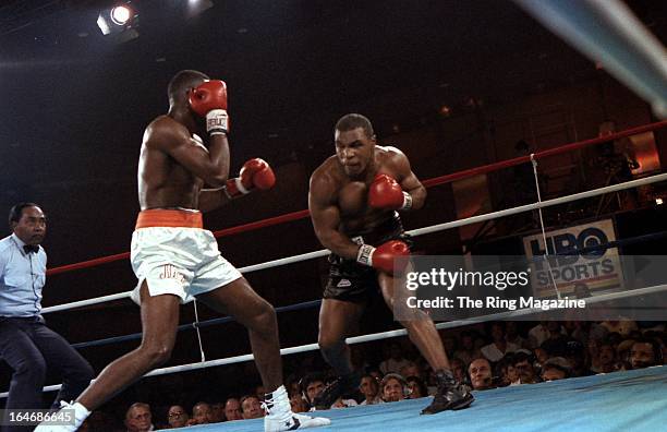 Mike Tyson throws a punch against Jose Ribalta during a bout at Trump Plaza Hotel on August 17, 1986 in Atlantic City, New Jersey.Mike Tyson defeated...