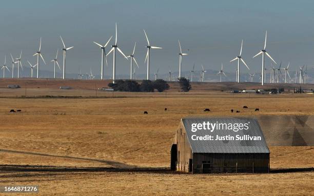 In an aerial view, a barn stands on a parcel of land that was recently purchased near Travis Air Force Base on August 29, 2023 near Rio Vista,...