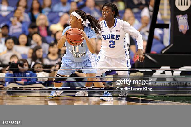 Brittany Rountree of the North Carolina Tar Heels controls the ball against Alexis Jones of the Duke Blue Devils during the finals of the 2013...