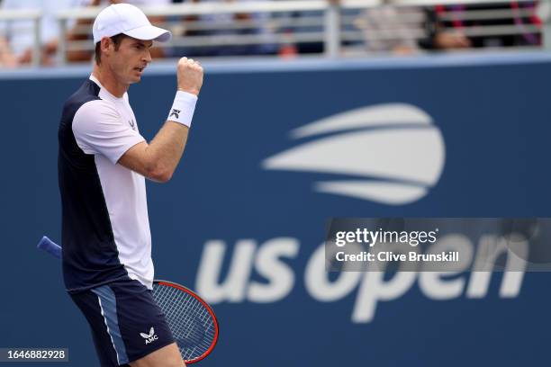 Andy Murray of Great Britain celebrates a point against Corentin Moutet of France during their Men's Singles First Round match on Day Two of the 2023...