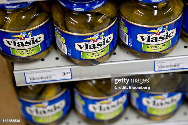 Pinnacle Foods Vlasic brand pickles sit on display for sale at a supermarket in Princeton, Illinois, U.S., on Tuesday, March 26, 2013. Pinnacle Foods...