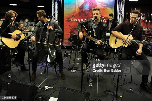 Musicians Drew Brown, Brent Kutzle, Ryan Tedder and Zach Filkins of OneRepublic promote "Native" at Best Buy on March 26, 2013 in New York City.