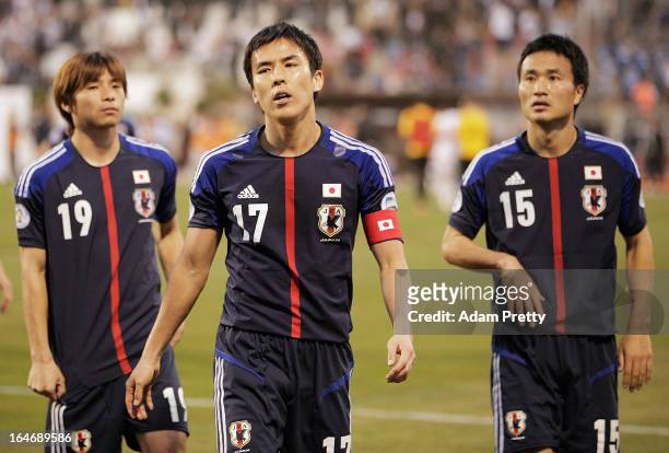 Makoto Hasebe of Japan walks off the field dejected after the FIFA World Cup Asian qualifier match between Jordan and Japan at King Abdullah...