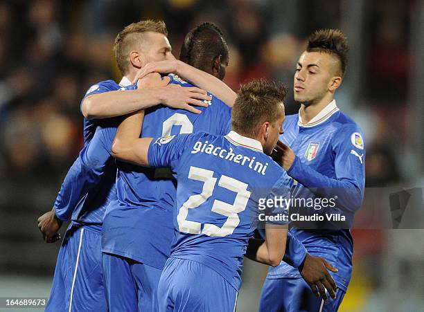 Mario Balotelli of Italy celebrates scoring the first goal during the FIFA 2014 World Cup qualifier match between Malta and Italy at Ta Qali Stadium...
