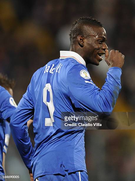 Mario Balotelli of Italy celebrates scoring the second goal during the FIFA 2014 World Cup qualifier match between Malta and Italy at Ta Qali Stadium...