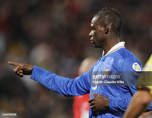 Mario Balotelli of Italy celebrates scoring the second goal during the FIFA 2014 World Cup qualifier match between Malta and Italy at Ta Qali Stadium...