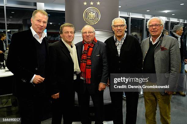Stefan Reuter, Stefan Reich, Uwe Seeler, Georg Volkert and Manfred Ritschel pose during the Club Of Former National Players Meeting during the FIFA...