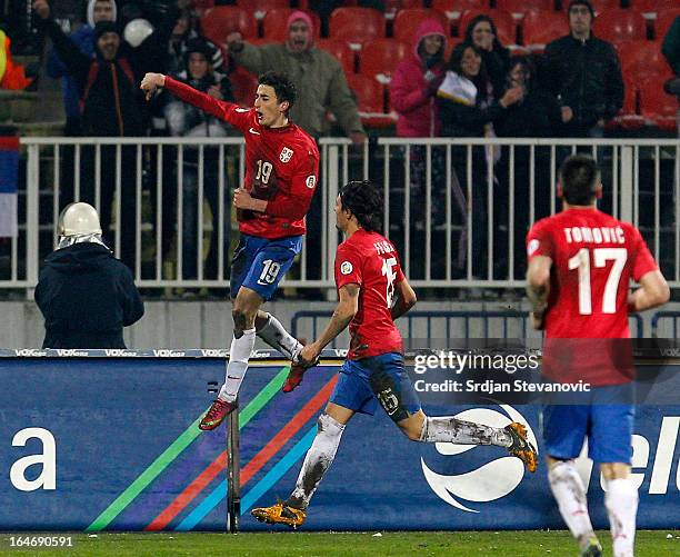 Filip Djuricic of Serbia with his team-mates Ljubomir Fejsa and Nenad Tomovic after scoring during the FIFA 2014 World Cup Qualifier between Serbia...