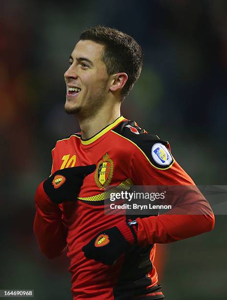 Eden Hazard of Belgium celebrates as he scores their first goal during the FIFA 2014 World Cup Qualifier Group A match between Belgium and Macedonia...