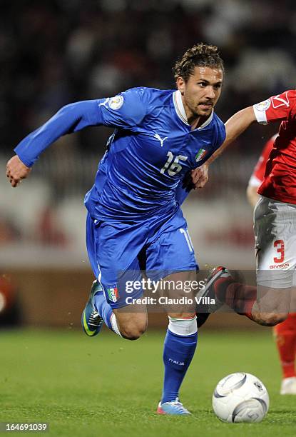 Alessio Cerci of Italy in action during the FIFA 2014 World Cup qualifier match between Malta and Italy at Ta Qali Stadium on March 26, 2013 in...