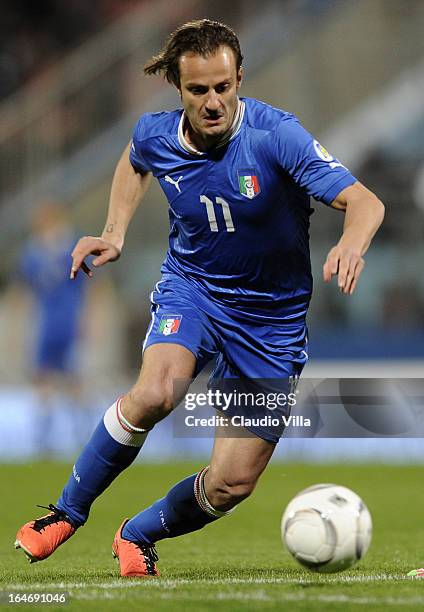 Alberto Gilardino of Italy in action during the FIFA 2014 World Cup qualifier match between Malta and Italy at Ta Qali Stadium on March 26, 2013 in...