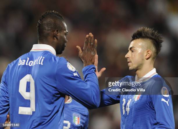 Mario Balotelli of Italy celebrates scoring his team's second goal with team-mate Stephan El Shaarawy during the FIFA 2014 World Cup qualifier match...
