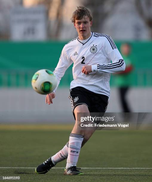 Lukas Klostermann of Germany runs with the ball during the UEFA Under17 Elite Round match between Germany and Bulgaria at Toennies-Arena on March 26,...