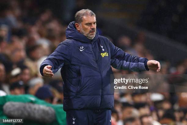 Ange Postecoglou, Manager of Tottenham Hotspur, appears frustrated during the Carabao Cup Second Round match between Fulham and Tottenham Hotspur at...