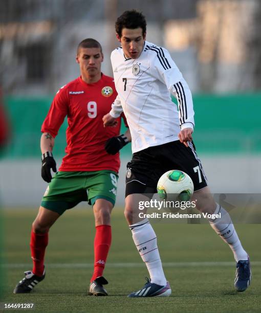 Levin Mete Oetzuntali of Germany and Kiril Valentinov Despodov of Bulgaria battle for the ball during the UEFA Under17 Elite Round match between...