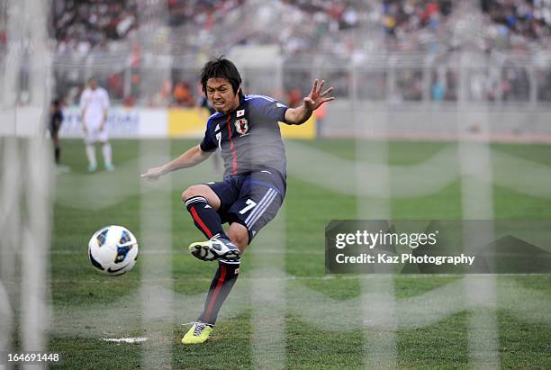 Yasuhito Endo of Japan misses a penalty during the FIFA World Cup Asian qualifier match between Jordan and Japan at King Abdullah International...