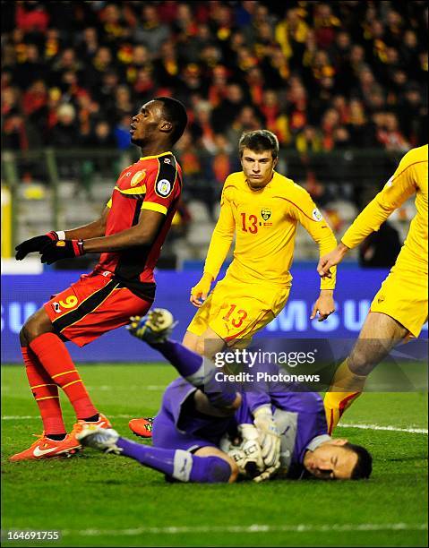 Christian Benteke of Belgium misses a chance to score during the FIFA 2014 World Cup Group A qualifying match between Belgium and Macedonia at the...