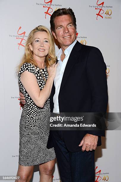 Actress Melody Thomas Scott and actor Peter Bergman attend the "The Young & The Restless" 40th anniversary cake-cutting ceremony at CBS Television...