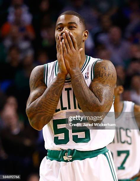 Terrence Williams of the Boston Celtics reacts after being called for a foul against the New York Knicks during the game on March 26, 2013 at TD...