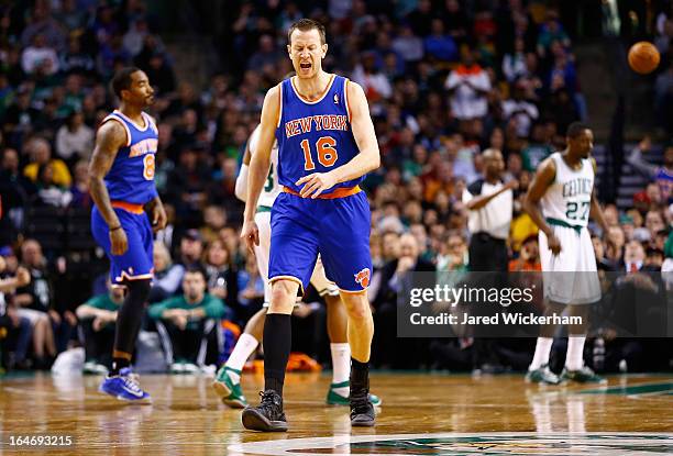 Steve Novak of the New York Knicks reacts after making a three-point shot against the Boston Celtics in the second quarter during the game on March...