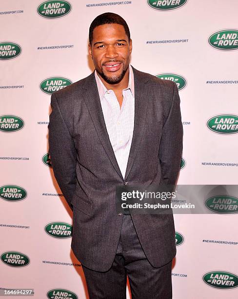 Personality/former NFL player Michael Strahan attends the Range Rover Sport world unveiling at the 2013 New York Auto Show at Skylight at Moynihan...