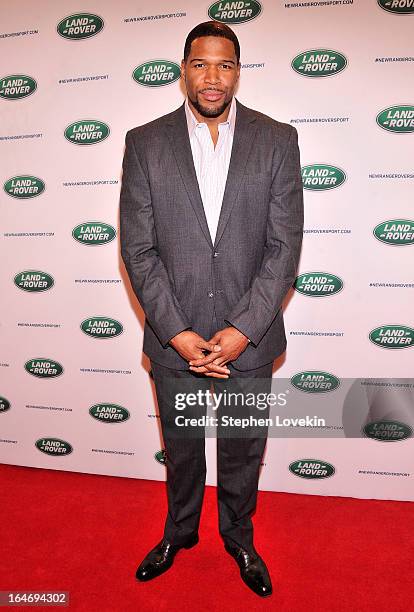 Personality/former NFL player Michael Strahan attends the Range Rover Sport world unveiling at the 2013 New York Auto Show at Skylight at Moynihan...