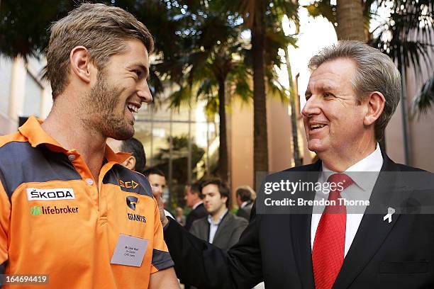 Premier, Barry O'Farrell and Callan Ward of the Giants share a joke during a Sydney Swans and Greater Western Sydney AFL reception at NSW Parliment...