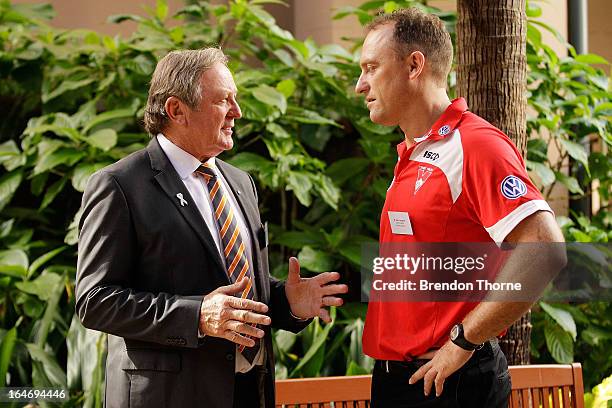 Swans coach, John Longmire and Giants coach, Kevin Sheedy speak during a Sydney Swans and Greater Western Sydney AFL reception at NSW Parliment on...