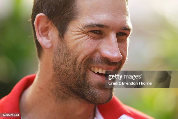 Marty Mattner of the Swans share a joke with a guest during a Sydney Swans and Greater Western Sydney AFL reception at NSW Parliment on March 27,...