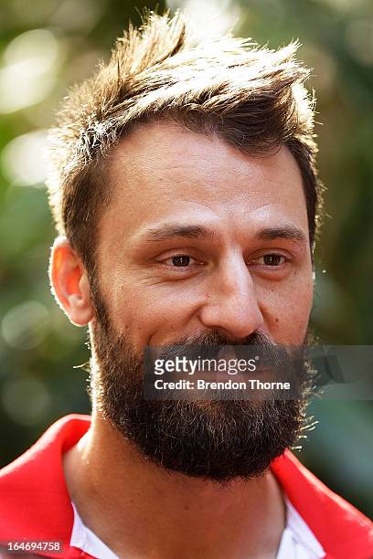 Nick Malceski of the Swans speaks with guests during a Sydney Swans and Greater Western Sydney AFL reception at NSW Parliment on March 27, 2013 in...
