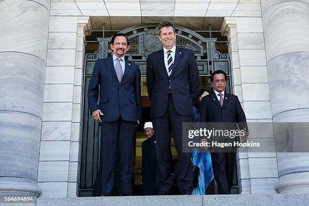 Sultan of Brunei Darussalam, His Majesty Hassanal Bolkiah meets with MP Chris Tremain during a visit to Parliament on March 27, 2013 in Wellington,...