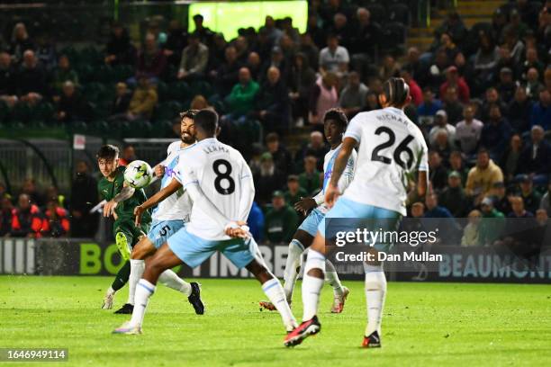 Luke Cundle of Plymouth Argyle scores the team's second goal during the Carabao Cup Second Round match between Plymouth Argyle and Crystal Palace at...