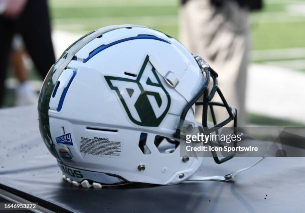 Portland State Vikings helmet sits on an equipment box during a college football game between the Oregon Ducks and Portland State Vikings on...