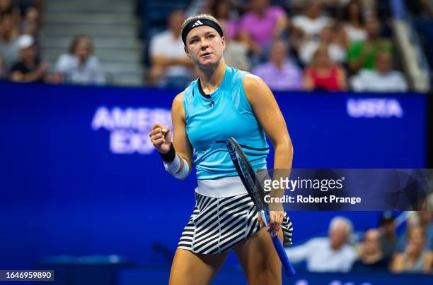 Karolina Muchova of the Czech Republic in action against Sorana Cirstea of Romania in the quarter-final on Day 9 of the US Open at USTA Billie Jean...