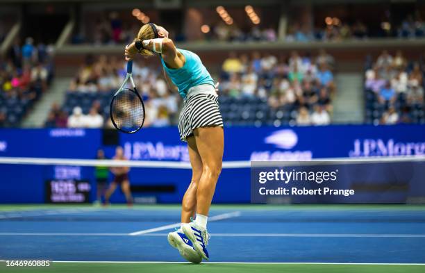 Karolina Muchova of the Czech Republic in action against Sorana Cirstea of Romania in the quarter-final on Day 9 of the US Open at USTA Billie Jean...