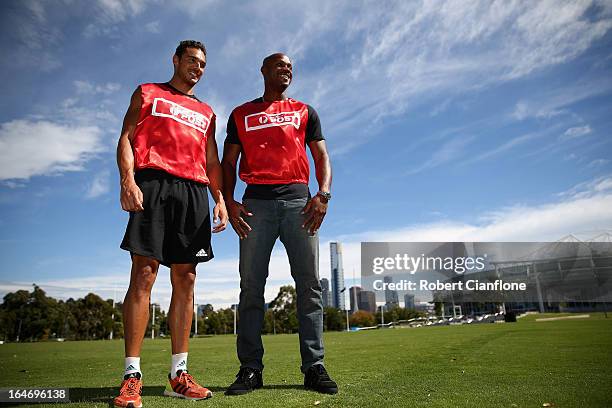 Two-time Australia Post Stawell Gift winner Joshua Ross and Asafa Powell pose for the media during a Stawell Gift media call at Grandstand Oval on...