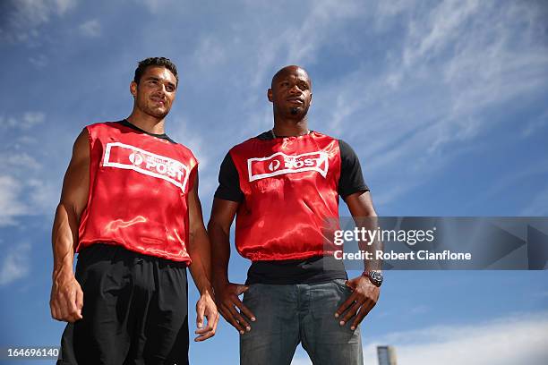 Two-time Australia Post Stawell Gift winner Joshua Ross and Asafa Powell pose for the media during a Stawell Gift media call at Grandstand Oval on...