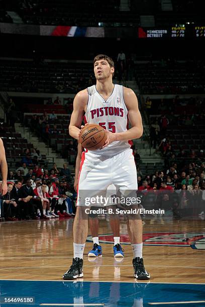 Viacheslav Kravtsov of the Detroit Pistons attempts a foul shot against the Minnesota Timberwolves during the game on March 26, 2013 at The Palace of...