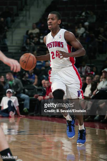 Kim English of the Detroit Pistons dribbles the ball against the Minnesota Timberwolves during the game on March 26, 2013 at The Palace of Auburn...