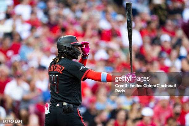 Elly De La Cruz of the Cincinnati Reds bats during a game against the Milwaukee Brewers at Great American Ball Park on July 14, 2023 in Cincinnati,...