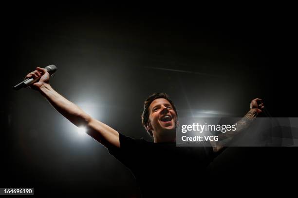 Pierre Charles Bouvier lead singer of Simple Plan performs on the stage in concert at The Mixing Room & MUSE on March 26, 2013 in Shanghai, China.