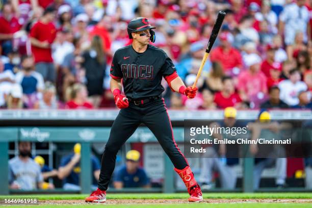 Spencer Steer of the Cincinnati Reds bats during a game against the Milwaukee Brewers at Great American Ball Park on July 14, 2023 in Cincinnati,...