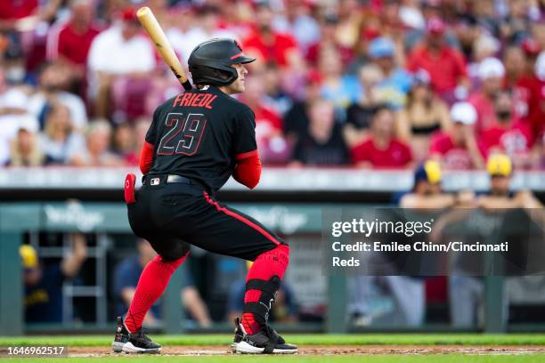 Friedl of the Cincinnati Reds bats during a game against the Milwaukee Brewers at Great American Ball Park on July 14, 2023 in Cincinnati, Ohio.