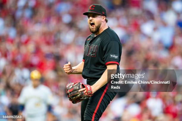 Graham Ashcraft of the Cincinnati Reds celebrates during a game against the Milwaukee Brewers at Great American Ball Park on July 14, 2023 in...