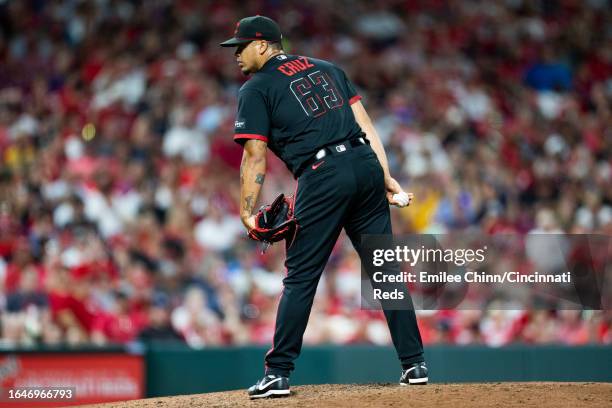 Fernando Cruz of the Cincinnati Reds pitches during a game against the Milwaukee Brewers at Great American Ball Park on July 14, 2023 in Cincinnati,...