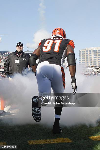 Robert Geathers of the Cincinnati Bengals takes the field for the start of the game against the Baltimore Ravens at Paul Brown Stadium on December...