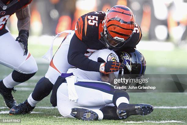 Vontaze Burfict of the Cincinnati Bengals makes the tackle during the game against the Baltimore Ravens at Paul Brown Stadium on December 30, 2012 in...