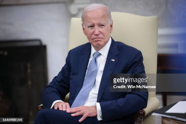 President Joe Biden speaks while meeting with President Rodrigo Chaves Robles of Costa Rica in the Oval Office of the White House August 29, 2023 in...
